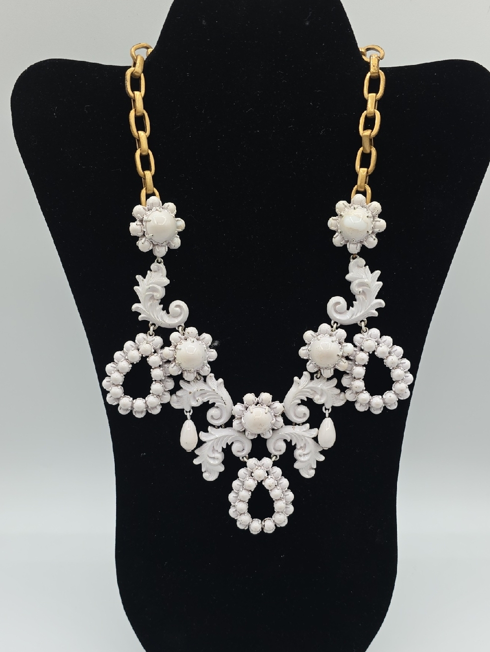 J. Crew White Floral Bib Necklace with Gold Chain